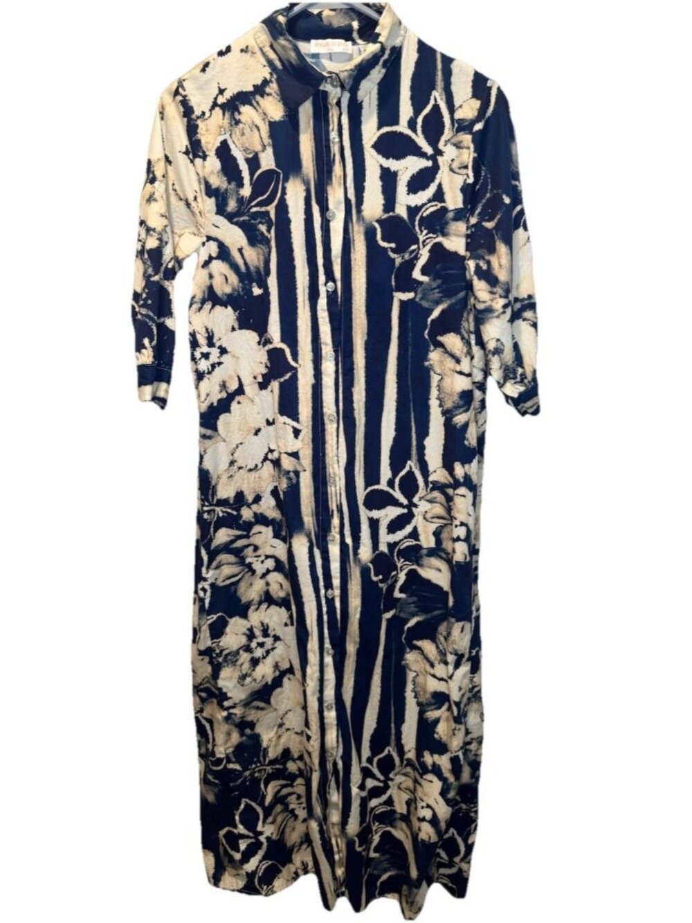 Spighe Di‎ Lino Cotton Navy 3/4 Sleeve Floral Button Front Maxi Dress Italy S